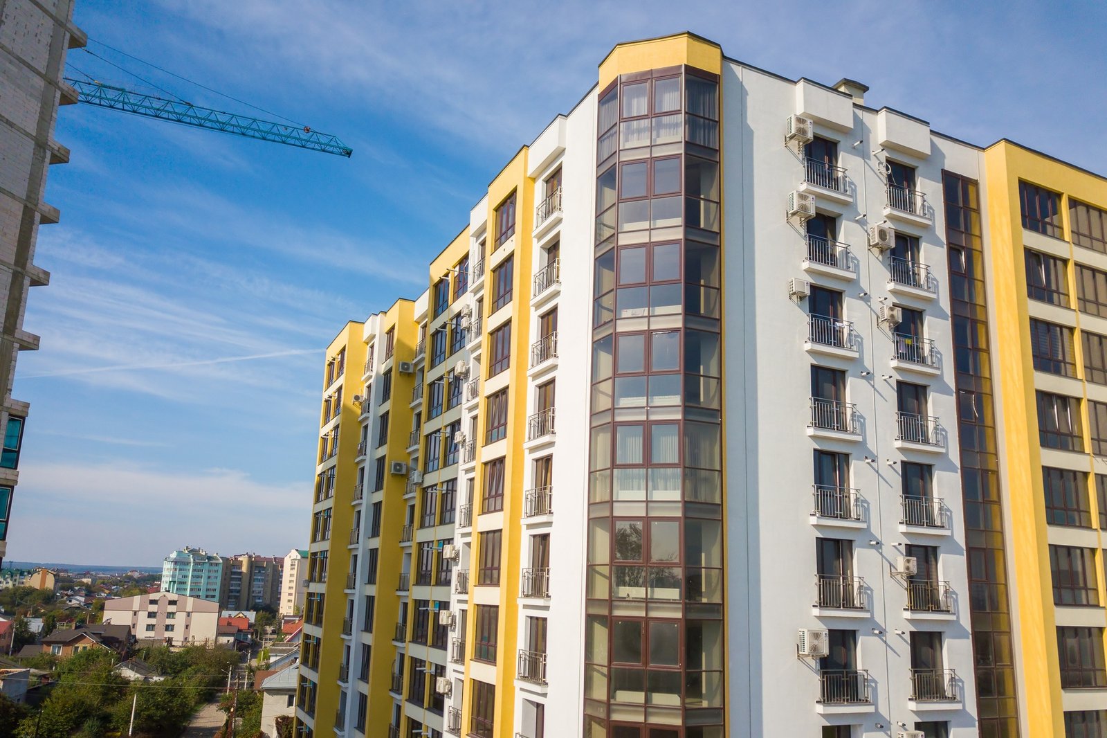 High rise apartment buildings in city residential area.
