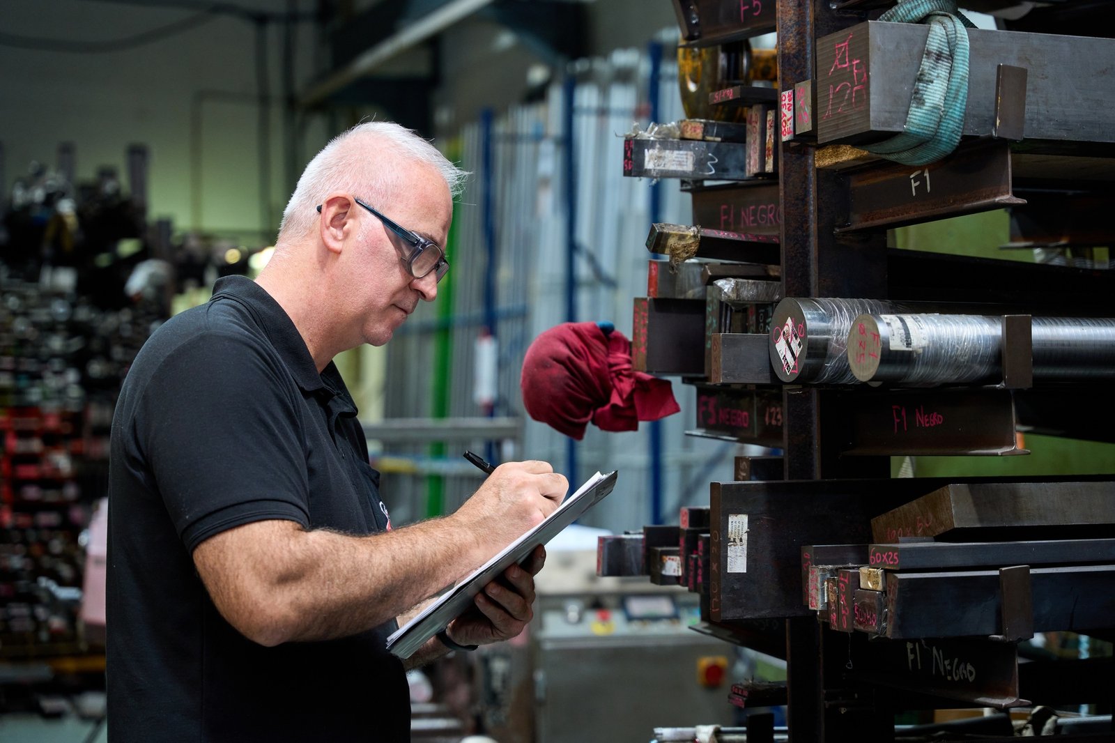 Metalworker checking inventory of steel parts in factory